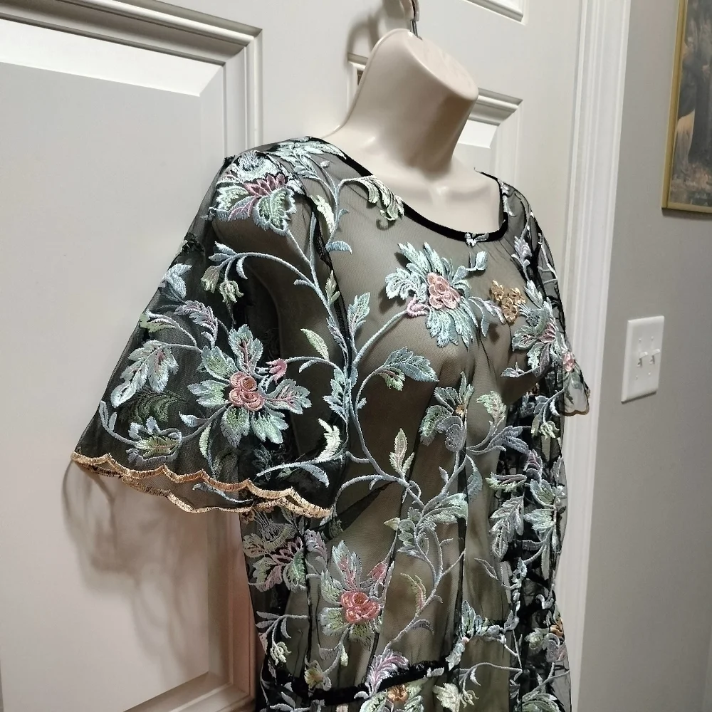 LuLaRoe Deanne II Sheer Embroidered Floral Maxi Dress Black Pink Blue 2XL Plus - Picture 5 of 10